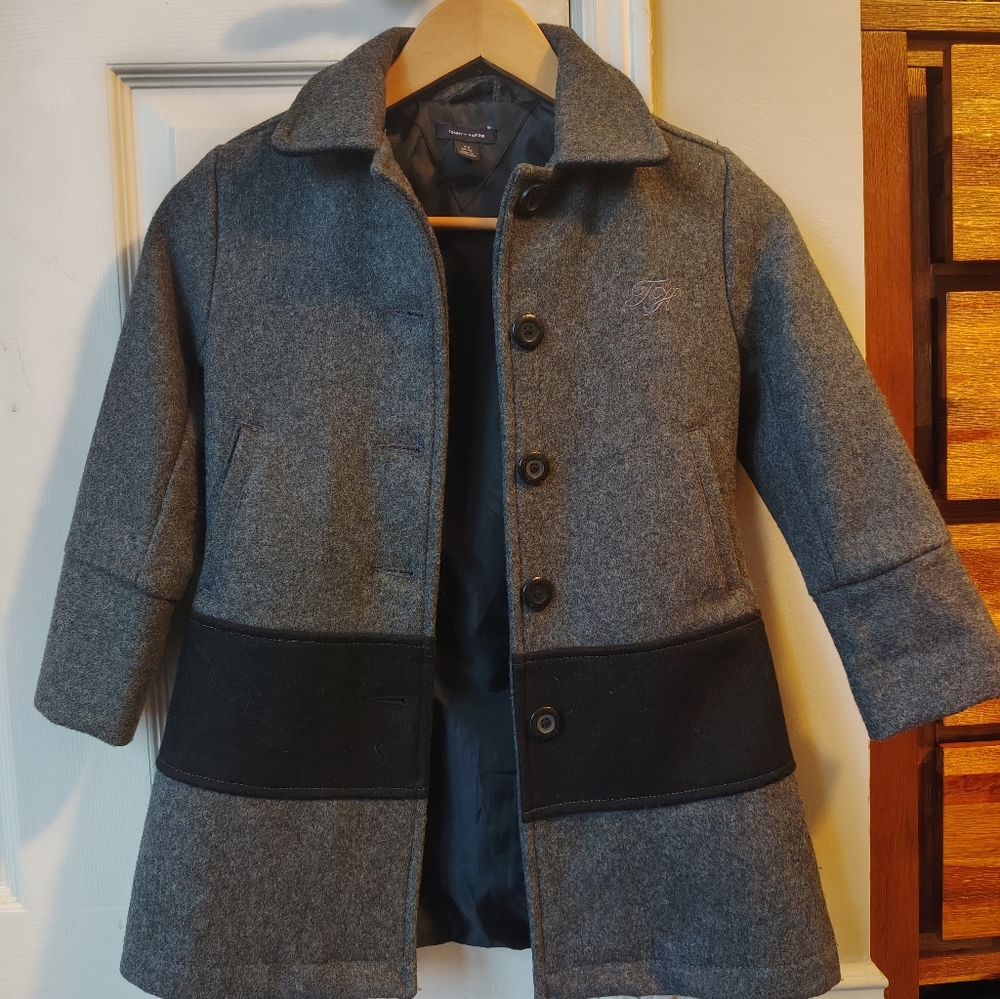 Tommy Hilfiger Kid Girls' Wool Gray and Black Pea Coat